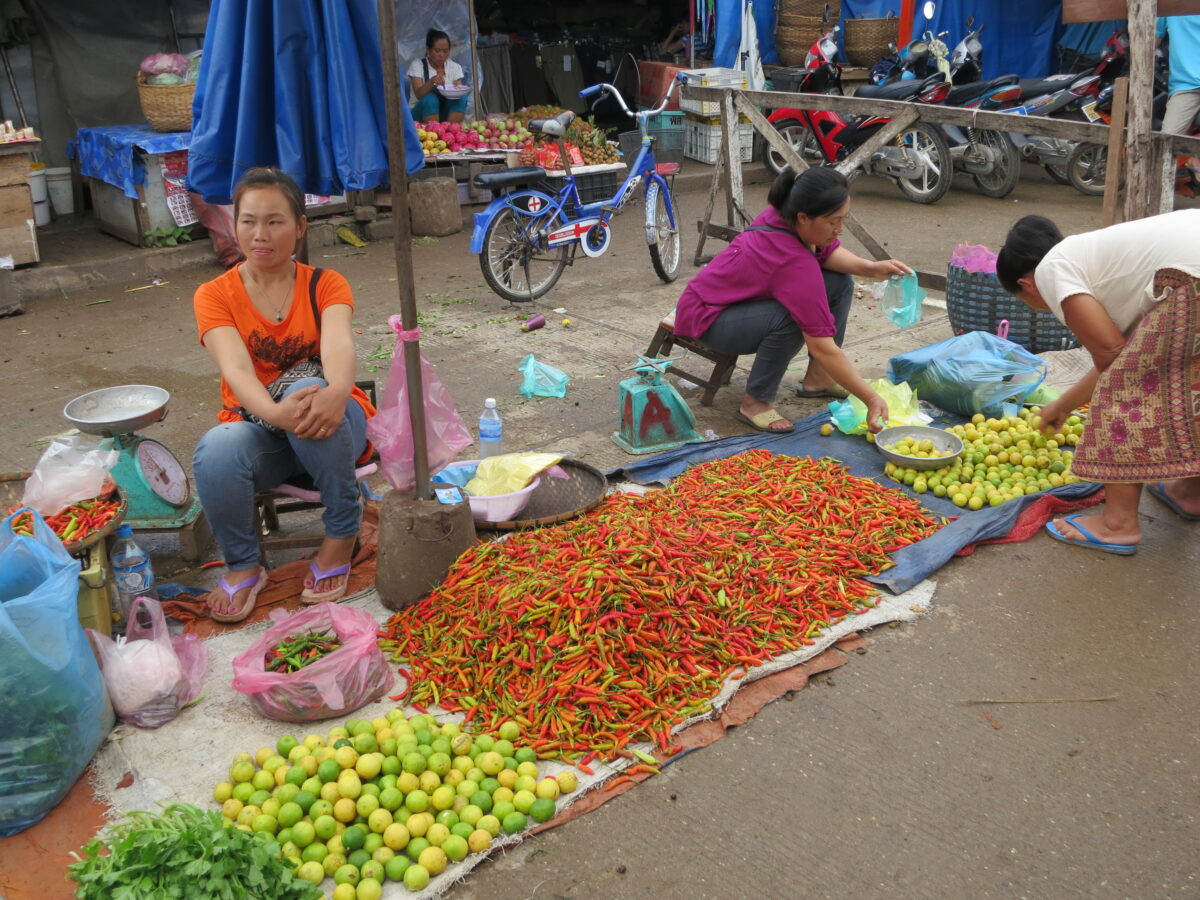 “A woman selling fresh red and green chillies at a street market in Luang Prabang, Laos.”