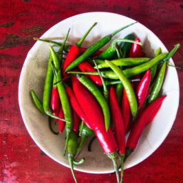 “Assorted Thai chillies — bird’s eye, spur, and mild red — commonly used in Thai curries and sauces.”